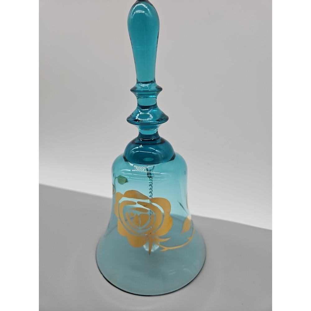 Vintage Crystal Clear Mouth-Blown Blue Crystal Bell Gold Rose‎ Made In Hungary